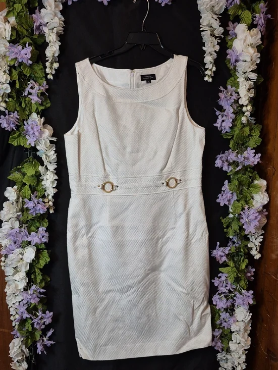 Tahari White Textured Midi Sheath Dress with Gold Buckle Detail - Picture 1 of 5